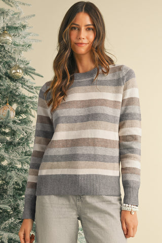 CLEARANCE Striped Ribbed Edge Round Neck Sweater