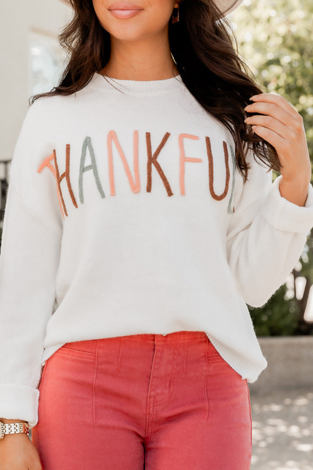 White Thankful Ivory Embroidered Sweater  THANKSGIVING