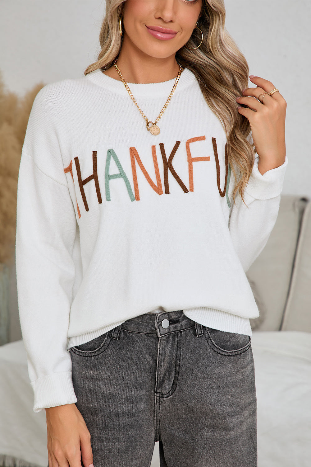 White Thankful Ivory Embroidered Sweater  THANKSGIVING