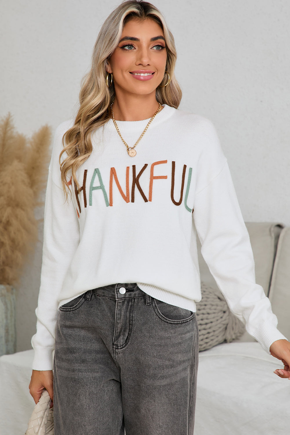 White Thankful Ivory Embroidered Sweater  THANKSGIVING