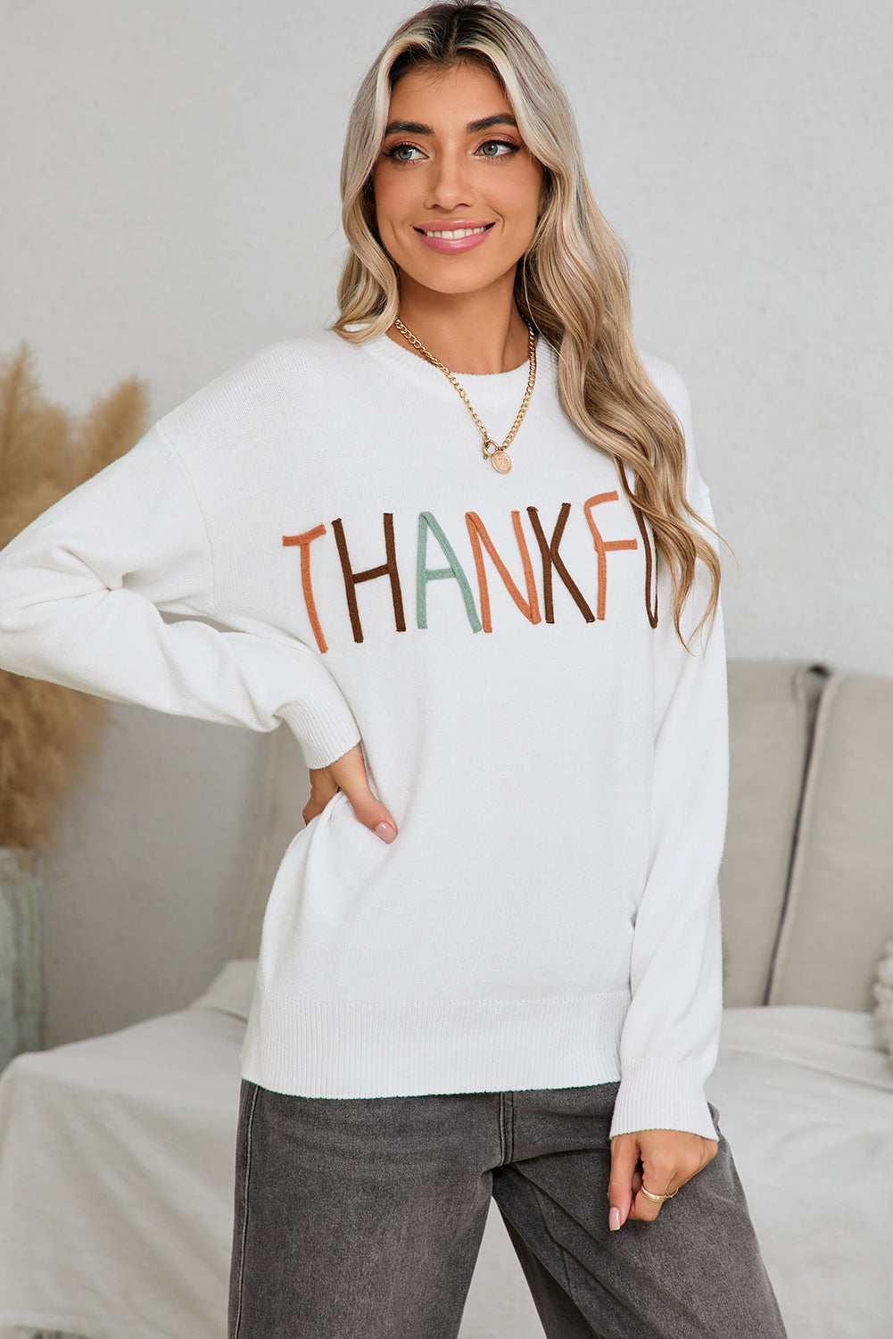 White Thankful Ivory Embroidered Sweater  THANKSGIVING