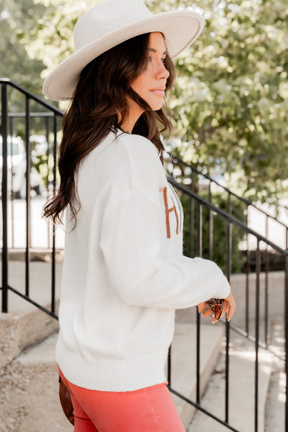 White Thankful Ivory Embroidered Sweater  THANKSGIVING