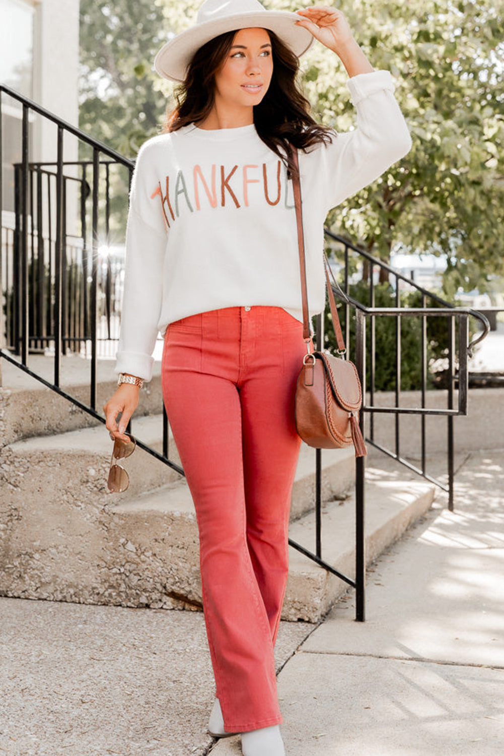 White Thankful Ivory Embroidered Sweater  THANKSGIVING