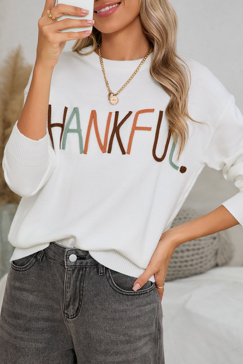 White Thankful Ivory Embroidered Sweater  THANKSGIVING