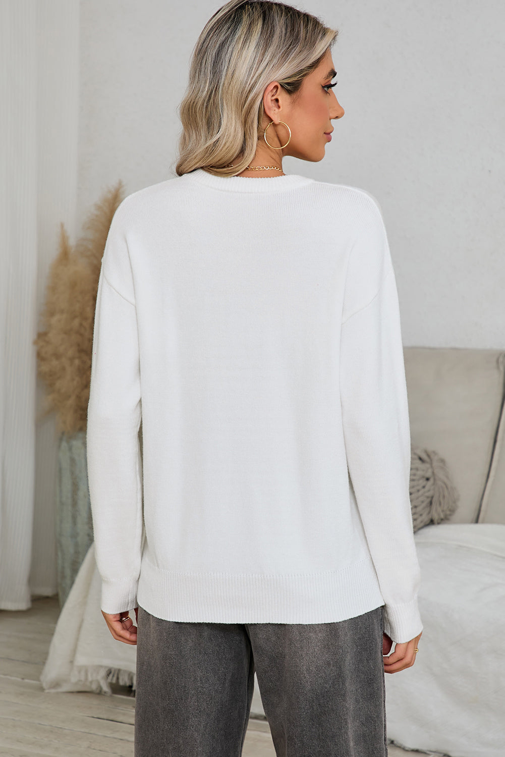 White Thankful Ivory Embroidered Sweater  THANKSGIVING