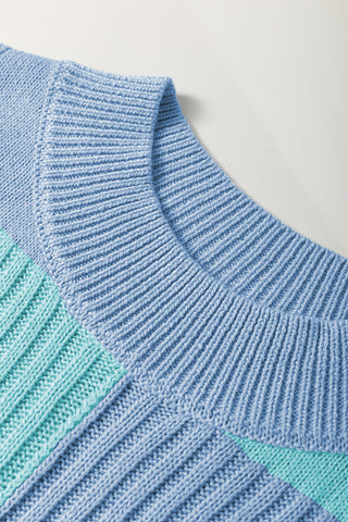 CLEARANCE Blue Checkered Color Block Crew Neck Short Sleeve Sweater