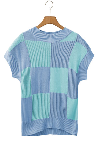CLEARANCE Blue Checkered Color Block Crew Neck Short Sleeve Sweater