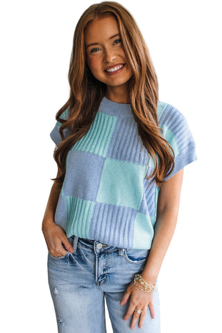 CLEARANCE Blue Checkered Color Block Crew Neck Short Sleeve Sweater