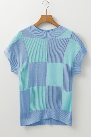 CLEARANCE Blue Checkered Color Block Crew Neck Short Sleeve Sweater