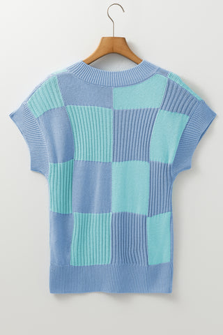 CLEARANCE Blue Checkered Color Block Crew Neck Short Sleeve Sweater