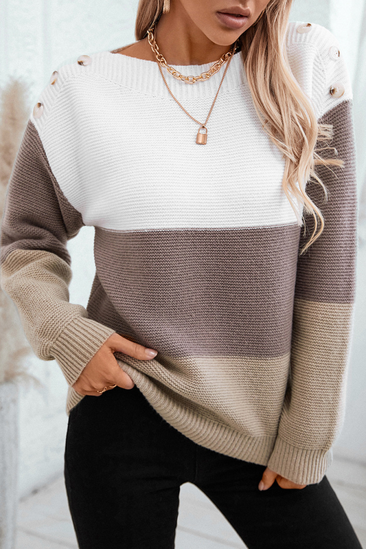 Colorblock Knitted Buttoned Shoulder Sweater