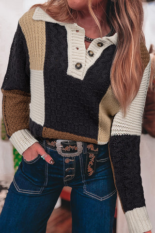 ****CLEARANCE **** Multicolor Colorblock Cable Knit Sleeve Buttons Collared Sweater