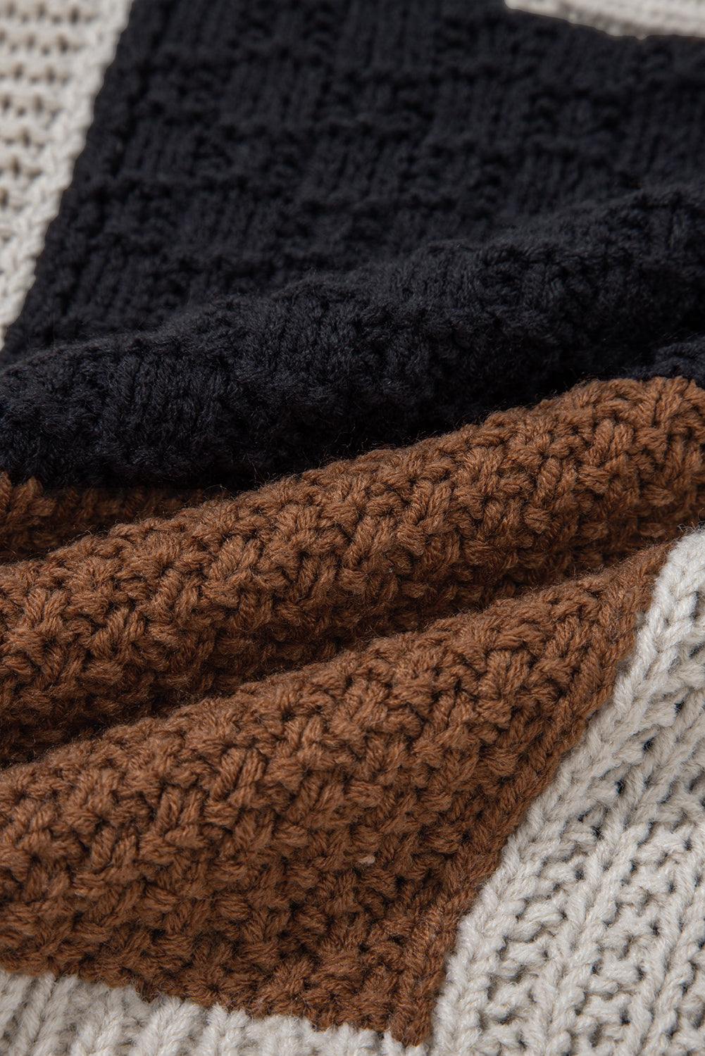 Multicolor Colorblock Cable Knit Sleeve Buttons Collared Sweater