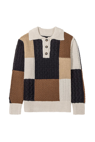 ****CLEARANCE **** Multicolor Colorblock Cable Knit Sleeve Buttons Collared Sweater