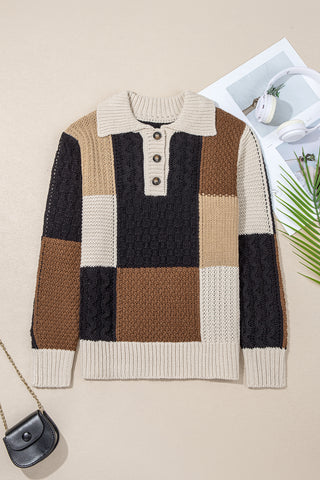 ****CLEARANCE **** Multicolor Colorblock Cable Knit Sleeve Buttons Collared Sweater