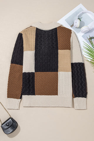 ****CLEARANCE **** Multicolor Colorblock Cable Knit Sleeve Buttons Collared Sweater