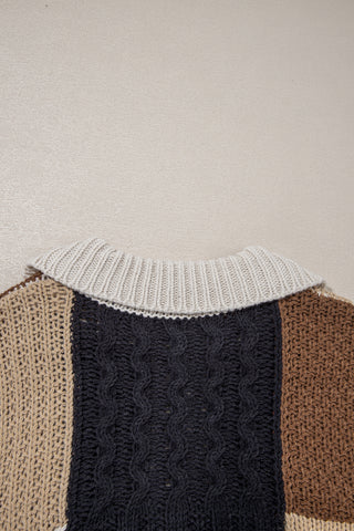 ****CLEARANCE **** Multicolor Colorblock Cable Knit Sleeve Buttons Collared Sweater