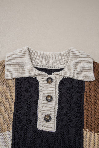 ****CLEARANCE **** Multicolor Colorblock Cable Knit Sleeve Buttons Collared Sweater
