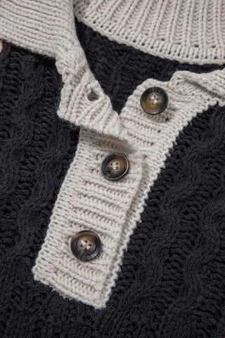 ****CLEARANCE **** Multicolor Colorblock Cable Knit Sleeve Buttons Collared Sweater