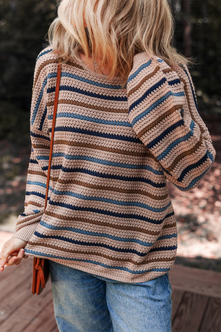 CLEARANCE Striped Knitted Drop Shoulder Crew Neck Sweater