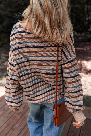 CLEARANCE Striped Knitted Drop Shoulder Crew Neck Sweater