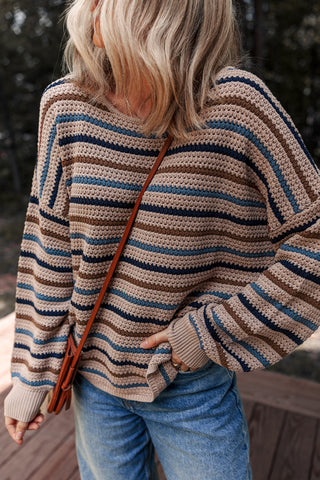 CLEARANCE Striped Knitted Drop Shoulder Crew Neck Sweater
