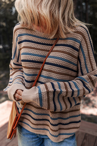CLEARANCE Striped Knitted Drop Shoulder Crew Neck Sweater