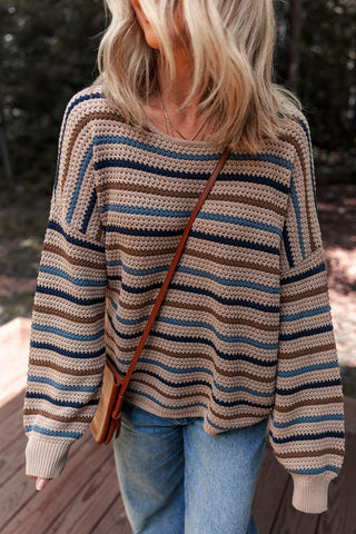 CLEARANCE Striped Knitted Drop Shoulder Crew Neck Sweater