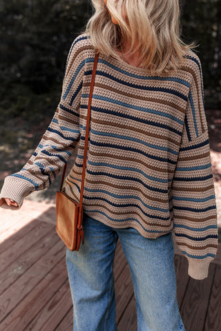 CLEARANCE Striped Knitted Drop Shoulder Crew Neck Sweater