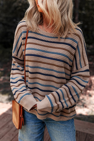 CLEARANCE Striped Knitted Drop Shoulder Crew Neck Sweater