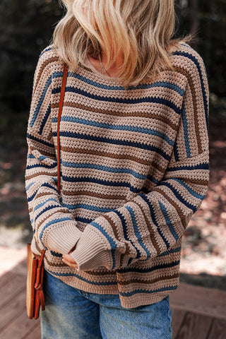 CLEARANCE Striped Knitted Drop Shoulder Crew Neck Sweater