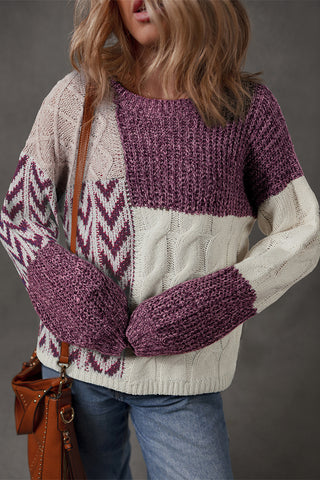 CLEARANCE Purple Color Block Patchwork Knotted Back Loose Fit Sweater