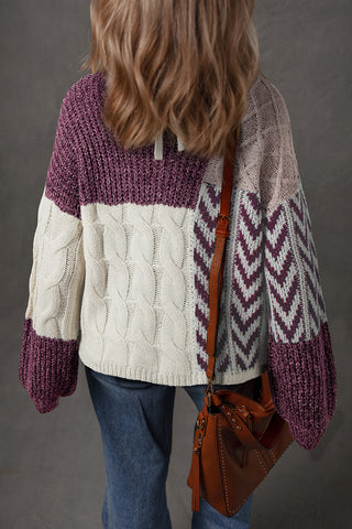 CLEARANCE Purple Color Block Patchwork Knotted Back Loose Fit Sweater