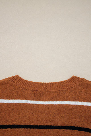Brown Stripe Striped Ribbed Edge Drop Shoulder Sweater