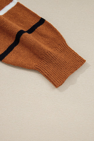 Brown Stripe Striped Ribbed Edge Drop Shoulder Sweater
