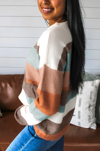 White Colorblock Striped Round Neck Drop Sleeve Sweater