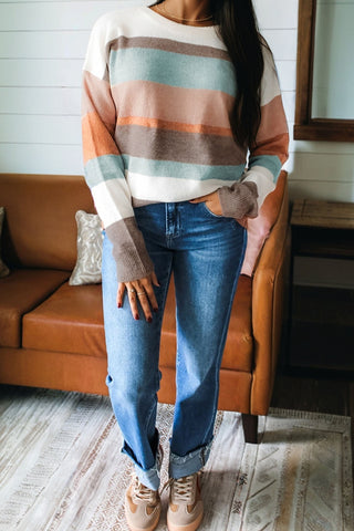 White Colorblock Striped Round Neck Drop Sleeve Sweater