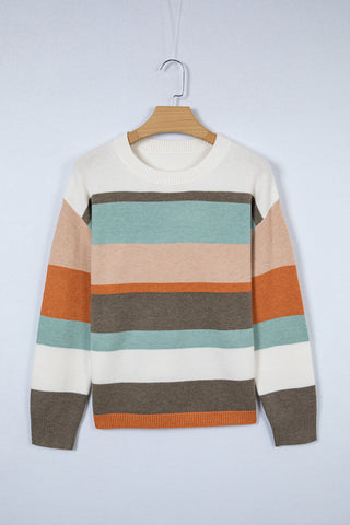 White Colorblock Striped Round Neck Drop Sleeve Sweater