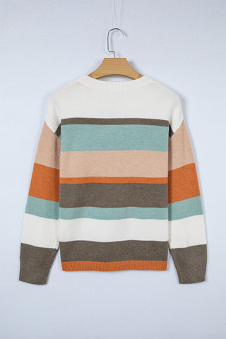 White Colorblock Striped Round Neck Drop Sleeve Sweater