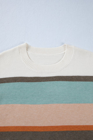 White Colorblock Striped Round Neck Drop Sleeve Sweater