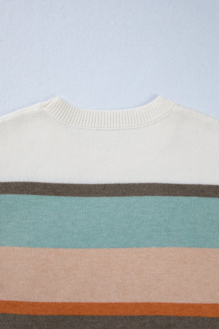 White Colorblock Striped Round Neck Drop Sleeve Sweater
