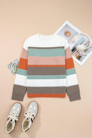 White Colorblock Striped Round Neck Drop Sleeve Sweater