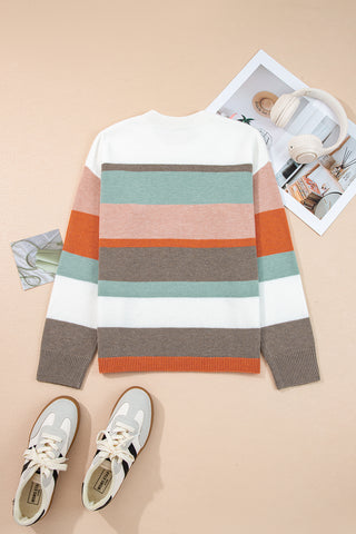 White Colorblock Striped Round Neck Drop Sleeve Sweater