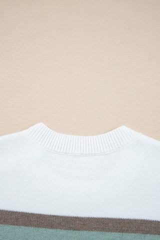 White Colorblock Striped Round Neck Drop Sleeve Sweater
