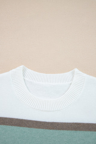 White Colorblock Striped Round Neck Drop Sleeve Sweater