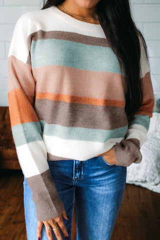 White Colorblock Striped Round Neck Drop Sleeve Sweater