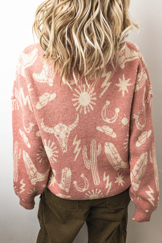 Peach Blossom Western Print Drop Shoulder Round Neck Long Sleeve Sweater
