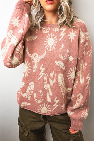Peach Blossom Western Print Drop Shoulder Round Neck Long Sleeve Sweater