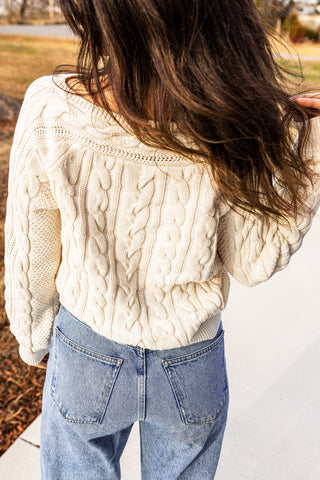 Cream Drop Shoulder Round Neck Cable Knit Sweater