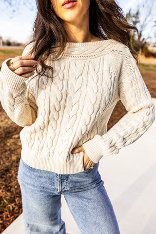 Cream Drop Shoulder Round Neck Cable Knit Sweater